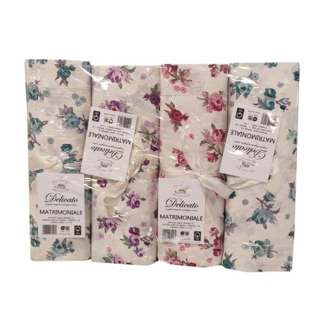 ASSORTITO 4 PEZZI COMPLETO LENZUOLA COTONE MATRIMONIALE DELICATO ROSELLINE HOME SWEET HOME