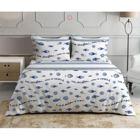 COMPLETO LENZUOLA MATRIMONIALE PERCALLE COTONE PESCI BLU PEZZOLI