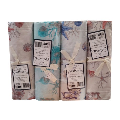ASSORTITO 4 PEZZI COMPLETO LENZUOLA COTONE MATRIMONIALE DELICATO CORALLI CONCHIGLIE HOME SWEET HOME
