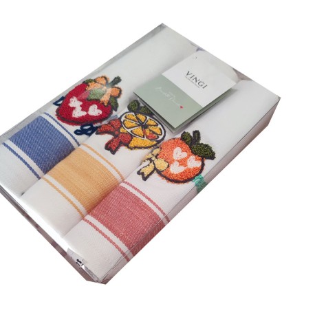 3 PEZZI STROFINACCI COTONE SPIGATO RICAMATO SPIGA FRAGOLE VINGI