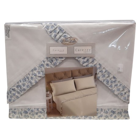 COMPLETO LENZUOLA COTONE MATRIMONIALE CON VOLANT PRIMAVERA ROSE CAREZZE AZZURRO