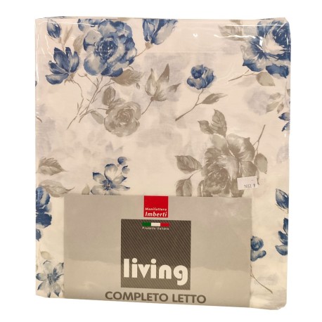 COMPLETO LENZUOLA MATRIMONIALE COTONE VICTORIA LIVING IMBERTI AZZURRO