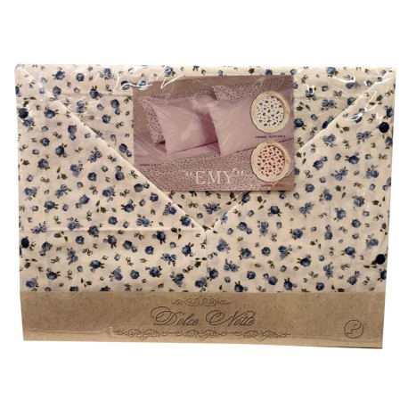 COMPLETO LENZUOLA MATRIMONIALE COTONE ROSELLINE EMY DOLCE NOTTE PEZZOLI AZZURRO