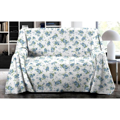 COPRITUTTO COTONE DISEGNO PEONIA QUADRIFOGLIO AZZURRO