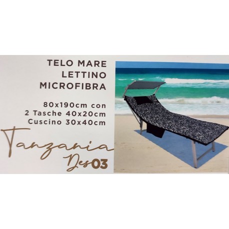 TELO MARE LETTINO CON TASCHE E CUSCINO 80X190CM TANZANIA ZEBRATO LOVELY HOME CARTELLINO
