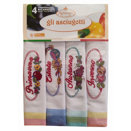 4 PEZZI STROFINACCI 50X70CM COTONE SPIGATO RICAMATO GLI ASCIUGOTTI LE STAGIONI MELANGIO
