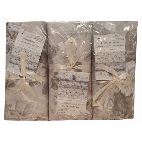 ASSORTITO 3 PEZZI COMPLETO LENZUOLA MATRIMONIALE COTONE PERCALLE ROSE BEIGE HOME SWEET HOME