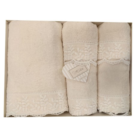 SET 5 PEZZI SPUGNA 2 ASCIUGAMANI + 2 OSPITE + 1 TELO BAGNO VALENTINA HELEN PANNA