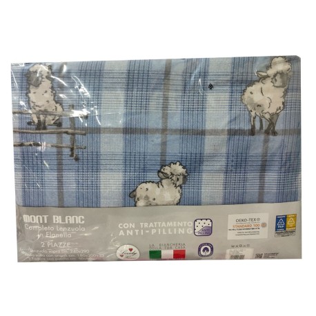 COMPLETO LENZUOLA FLANELLA PECORE SCOZZESE MONT BLANC LOVELY HOME RETRO AZZURRO