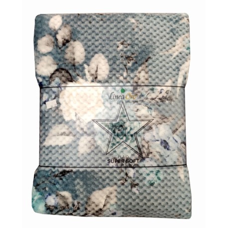 PLAID PILE AGNELLATO STAMPATO SUPER SOFT FIORI LICIA LINEA ORO AZZURRO
