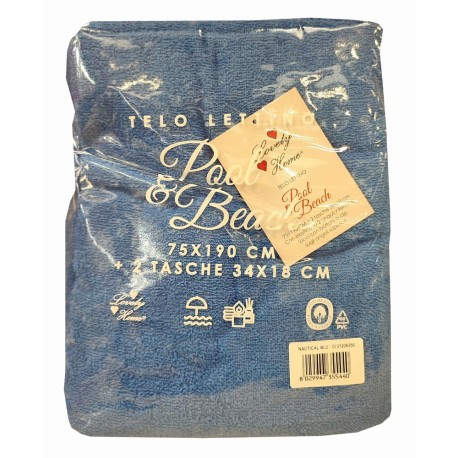 TELO MARE LETTINO MICROSPUGNA CON TASCHE 75X190CM POOL BEACH LOVELY HOME BLU NAUTICAL