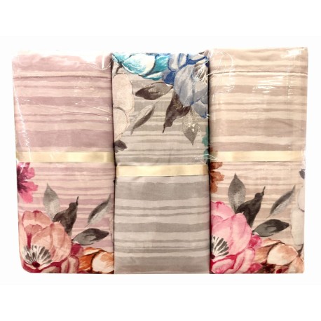 ASSORTITO 3 PEZZI COMPLETO LENZUOLA MATRIMONIALE COTONE STRIATO FIORI BOCCIOLI HOME SWEET HOME