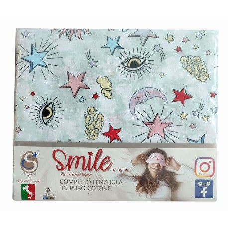 COMPLETO LENZUOLA COTONE MATRIMONIALE SMILE OCCHI STELLE LUNA SAVOLTEX