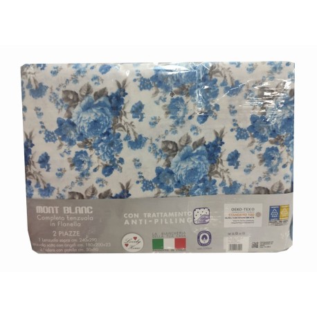 COMPLETO LENZUOLA FLANELLA ROSE MONT BLANC LOVELY HOME AZZURRO