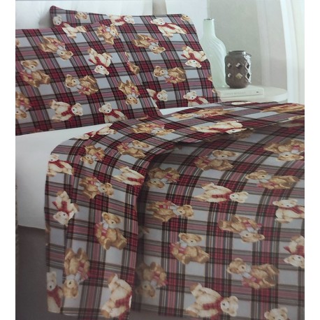 COMPLETO LENZUOLA FLANELLA SCOZZESE ORSETTO MONT BLANC LOVELY HOME