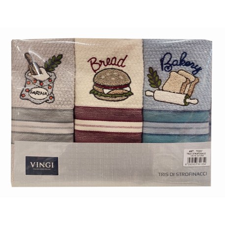 3 PEZZI STROFINACCI SPUGNA COTONE RICAMATO FOOD BREAD VINGI