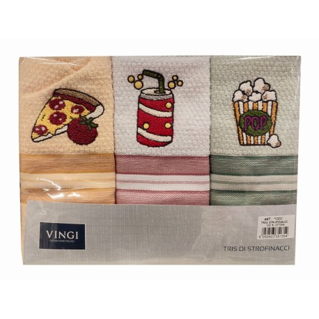 3 PEZZI STROFINACCI SPUGNA COTONE RICAMATO FOOD COKE VINGI