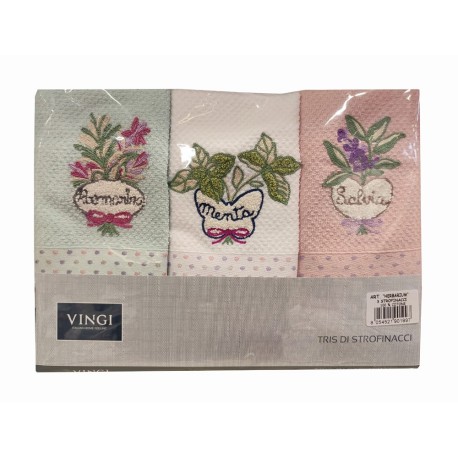 3 PEZZI STROFINACCI SPUGNA COTONE RICAMATO HERBARIUM MENTA COKE VINGI