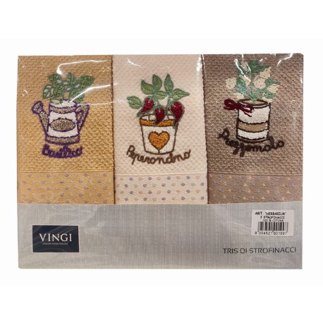 3 PEZZI STROFINACCI SPUGNA COTONE RICAMATO HERBARIUM PEPERONCINO VINGI