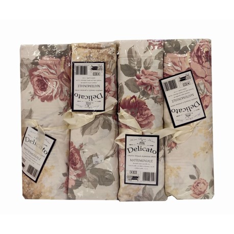 ASSORTITO 4 PEZZI COMPLETO LENZUOLA COTONE MATRIMONIALE DELICATO ROSE BEIGE HOME SWEET HOME
