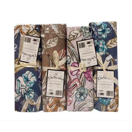 ASSORTITO 4 PEZZI COMPLETO LENZUOLA COTONE MATRIMONIALE DELICATO FIORI STILIZZATI HOME SWEET HOME