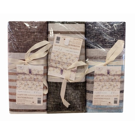 3 PEZZI COMPLETO LENZUOLA MATRIMONIALE COTONE PERCALLE RIGATO HOME SWEET HOME