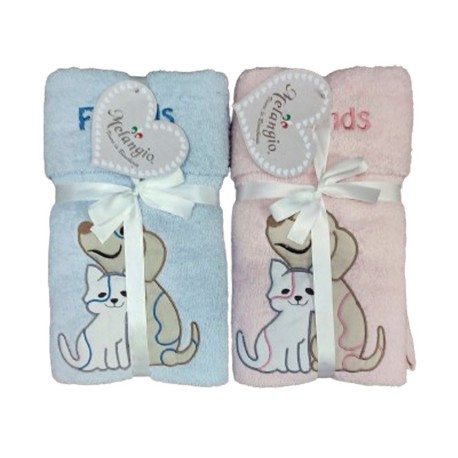 COPPIA SPUGNA ASCIUGAMANO + OSPITE RICAMATO FRIENDS CANE GATTO MELANGIO