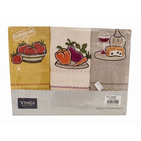 3 PEZZI STROFINACCI SPUGNA COTONE RICAMATO VANESSA POMODORI VINGI