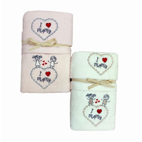 SET SPUGNA RICAMATO ASCIUGAMANO + OSPITE I LOVE MAMY PEZZOLI