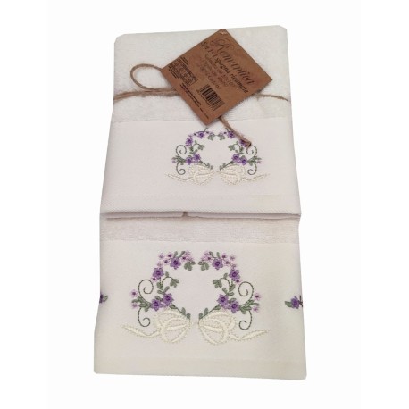 SET SPUGNA RICAMATO ASCIUGAMANO + OSPITE ROMANTICA CUORE FIOCCO LILLA PEZZOLI