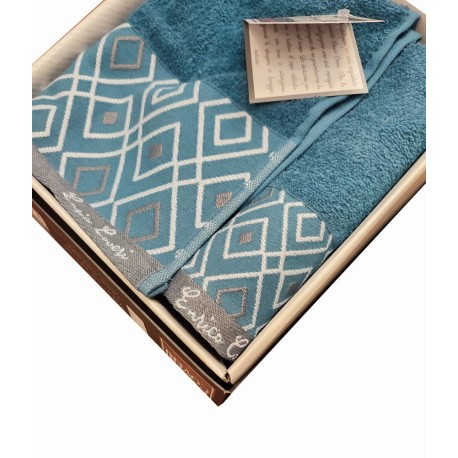 SET 1+1 ASCIUGAMANO + OSPITE SPUGNA JACQUARD KINSLEY ENRICO COVERI AZZURRO