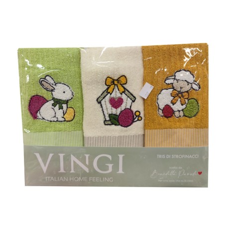 3 PEZZI STROFINACCI SPUGNA COTONE RICAMATO PASQUA EASTER PECORA VINGI