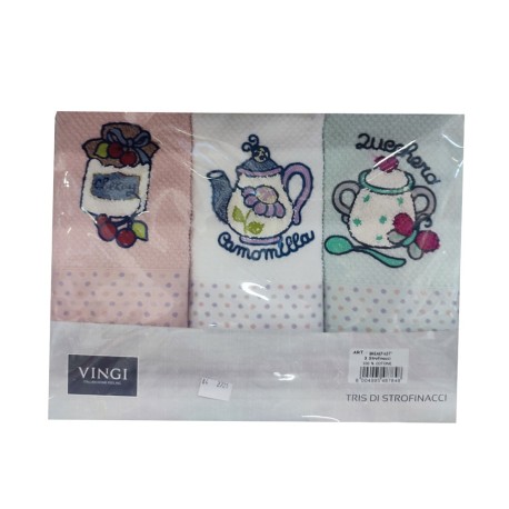 3 PEZZI STROFINACCI SPUGNA COTONE RICAMATO BREAKFAST COFFE VINGI