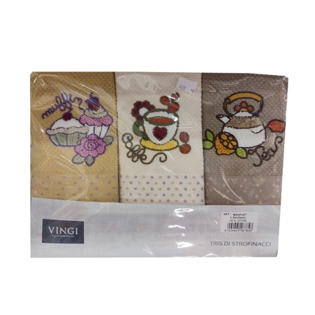 3 PEZZI STROFINACCI SPUGNA COTONE RICAMATO BREAKFAST CHERRY VINGI