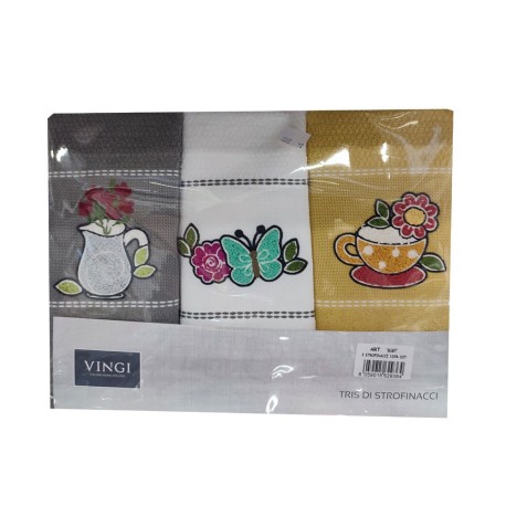 3 PEZZI STROFINACCI SPUGNA COTONE RICAMATO SUSY FARFALLA VINGI