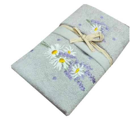 SET SPUGNA RICAMATO ASCIUGAMANO + OSPITE LAVANDA MARGHERITE PEZZOLI