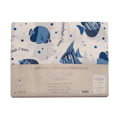 COMPLETO LENZUOLA MATRIMONIALE COTONE PESCI BLU DOLCE NOTTE PEZZOLI
