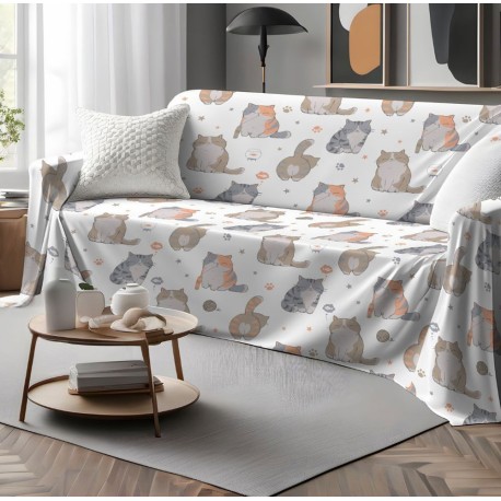 COPRITUTTO TELO ARREDO COTONE GATTI QUADRIFOGLIO