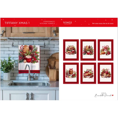CONFEZIONE 6 PEZZI ASSORTITI STROFINACCI 55X80CM COTONE DIGITALE NATALE TIFFANY XMAS 1 VINGI