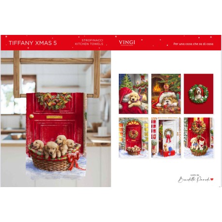 CONFEZIONE 6 PEZZI ASSORTITI STROFINACCI 55X80CM COTONE DIGITALE NATALE TIFFANY XMAS 5 VINGI