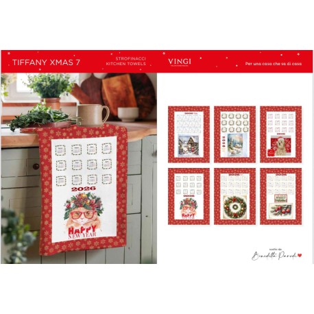 CONFEZIONE 6 PEZZI ASSORTITI STROFINACCI 55X80CM COTONE DIGITALE NATALE TIFFANY XMAS 7 VINGI