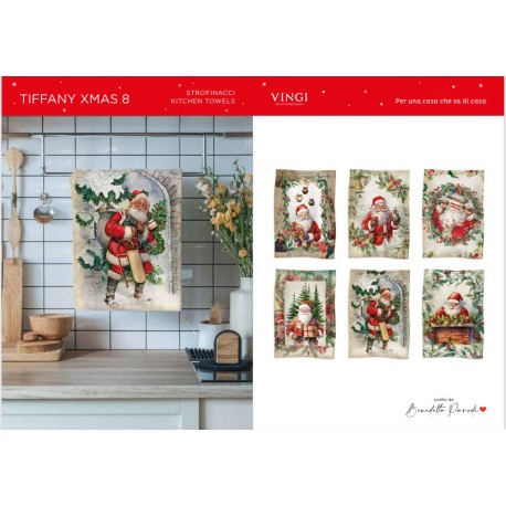 CONFEZIONE 6 PEZZI ASSORTITI STROFINACCI 55X80CM COTONE DIGITALE NATALE TIFFANY XMAS 8 VINGI