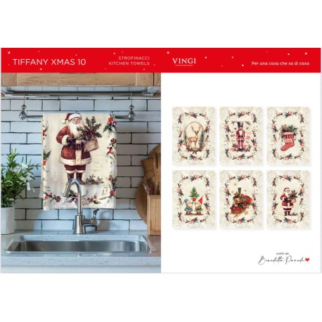 CONFEZIONE 6 PEZZI ASSORTITI STROFINACCI 55X80CM COTONE DIGITALE NATALE TIFFANY XMAS 10 VINGI