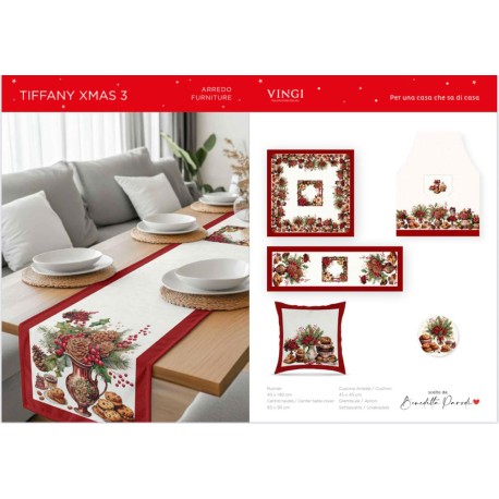 SET TOVAGLIA CENTRO RUNNER FODERA CUSCINO COTONE DIGITALE TIFFANY 03 XMAS VINGI