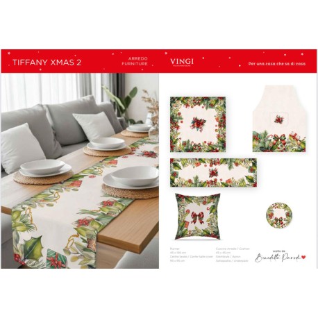 SET CENTRO RUNNER GREMBIULE FODERA CUSCINO COTONE DIGITALE TIFFANY 02 XMAS VINGI