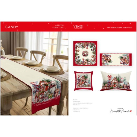 SET CENTRO RUNNER FODERA CUSCINO GOBELIN NATALE CANDY VINGI