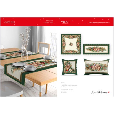 SET CENTRO RUNNER FODERA CUSCINO GOBELIN NATALE GREEN VINGI