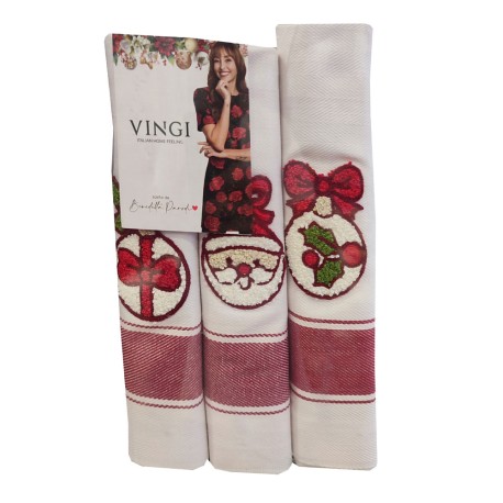 3 PEZZI STROFINACCI COTONE SPIGATO RICAMATO NATALE AGRIFOGLIO VINGI