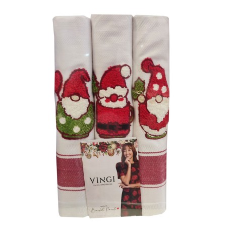 3 PEZZI STROFINACCI COTONE SPIGATO RICAMATO NATALE BABBI VINGI
