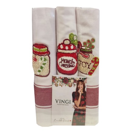 3 PEZZI STROFINACCI COTONE SPIGATO RICAMATO NATALE MERRY CHRISTMAS VINGI